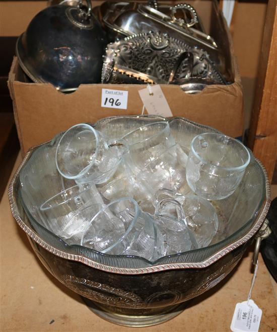 Plated two-handled punch bowl with glass bowl & cups, various plated trays, entree dishes, swing-handled cake basket etc